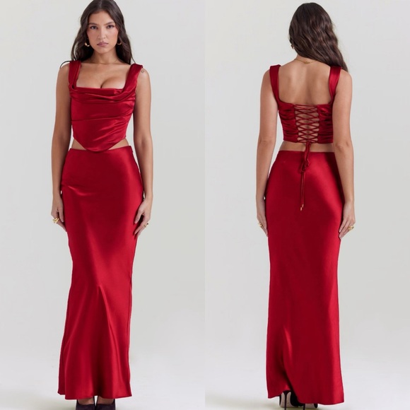 HOUSE OF CB Sydel Red Satin Maxi Skirt - Picture 1 of 4